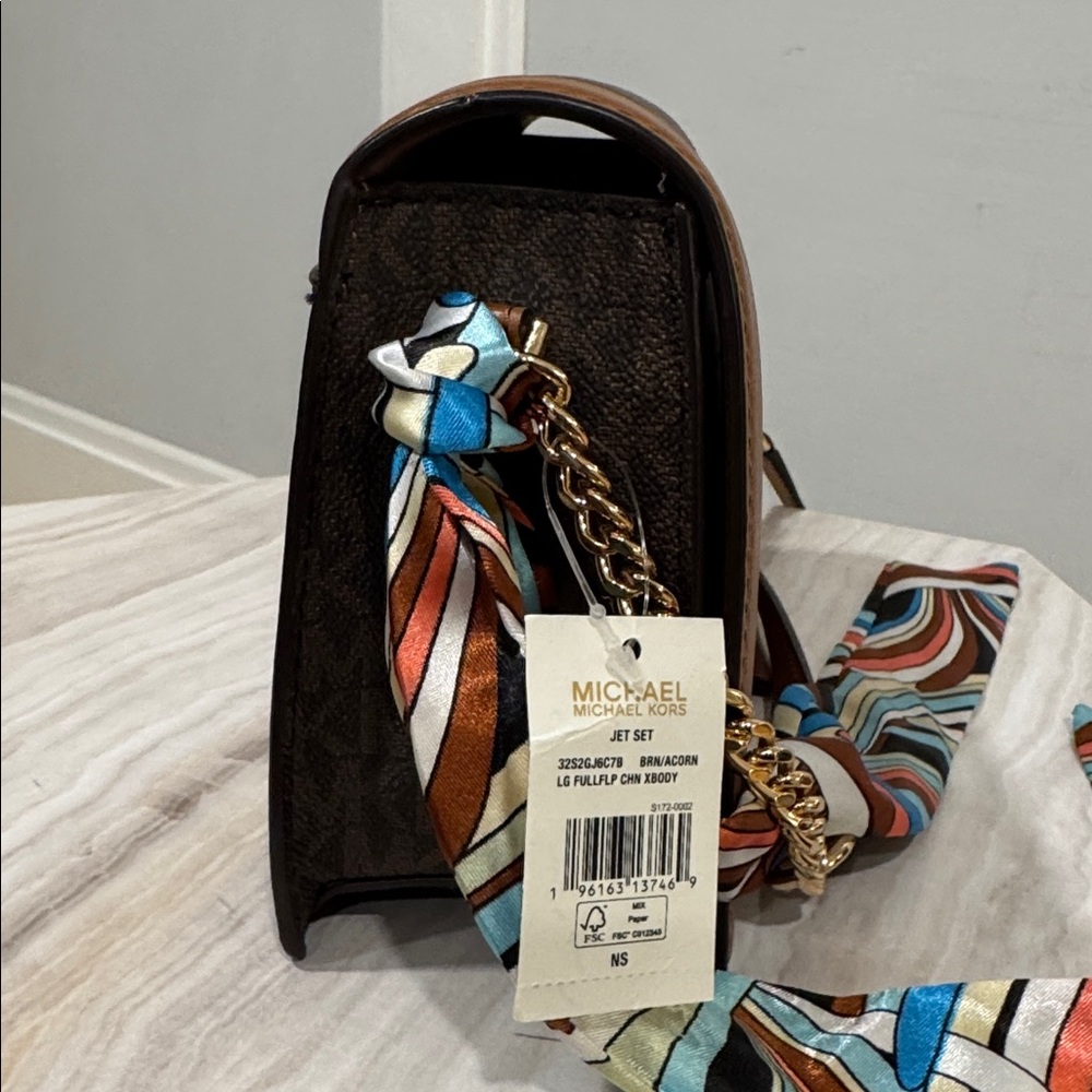 Michael Kors Bag Jet Set Logo Brown and Tan Chain Crossbody NWT - Picture 8 of 17